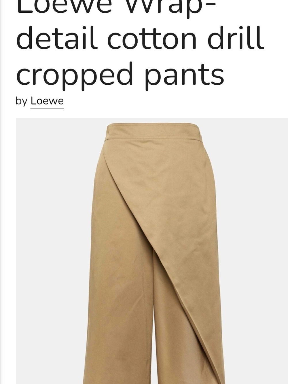 NWT Loewe Tan Wrap-Detail Cotton Drill Cropped Pants- Size XS